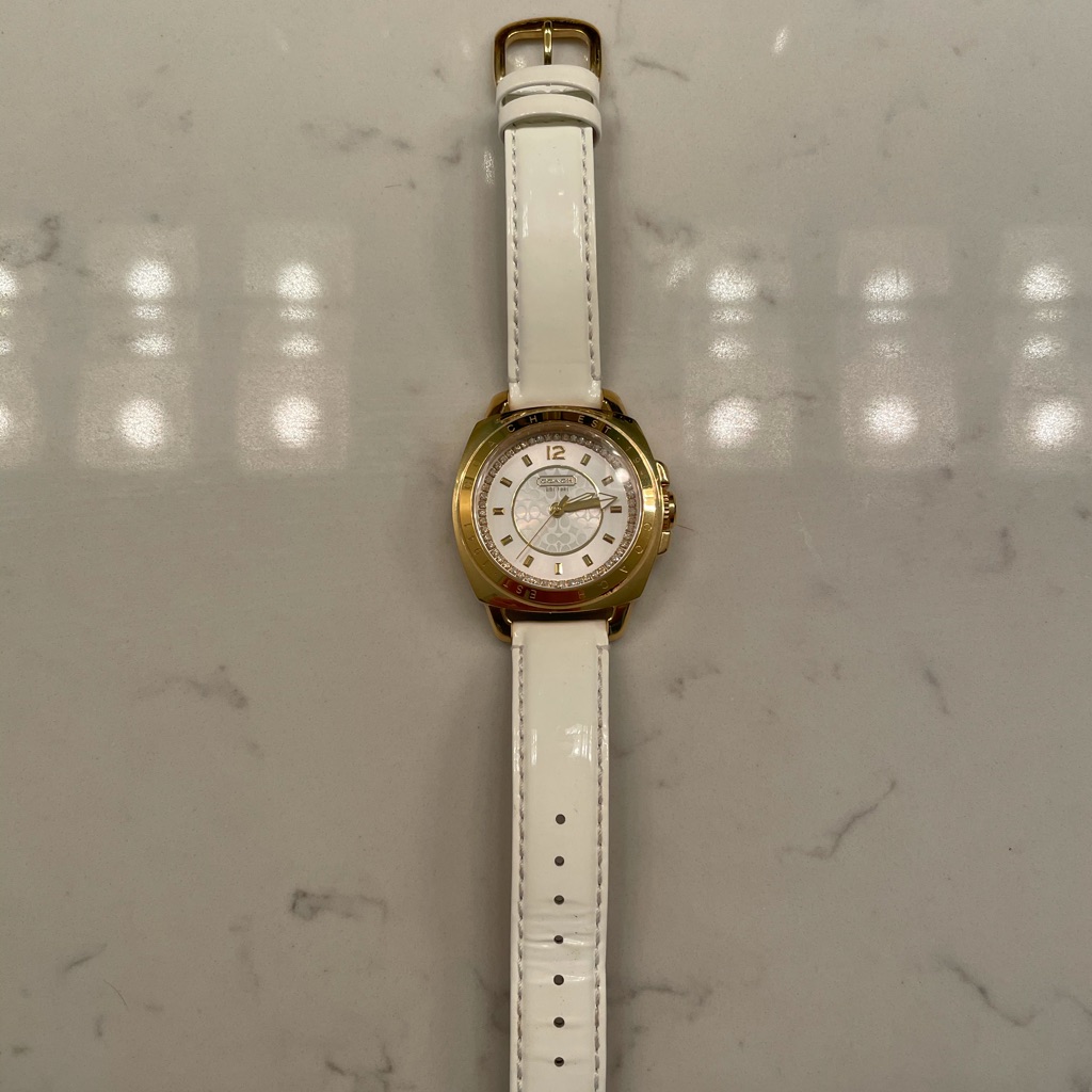 Coach Boyfriend Gold Watch White Leather Straps